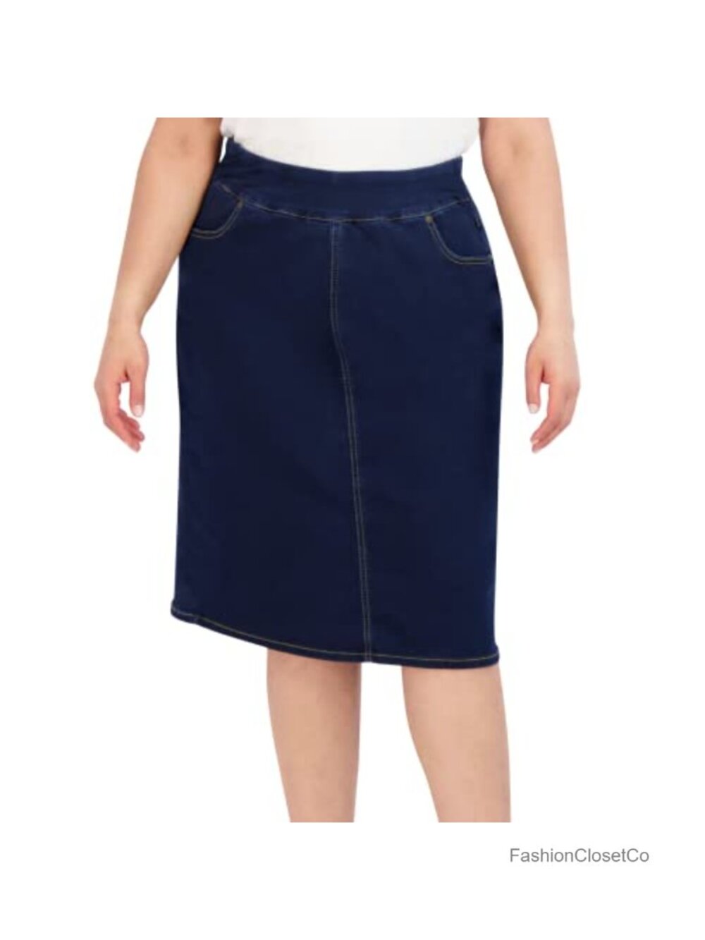 Women's Pull On Knit Denim Skirt - Midi with Pockets and Back Slit, High Rise